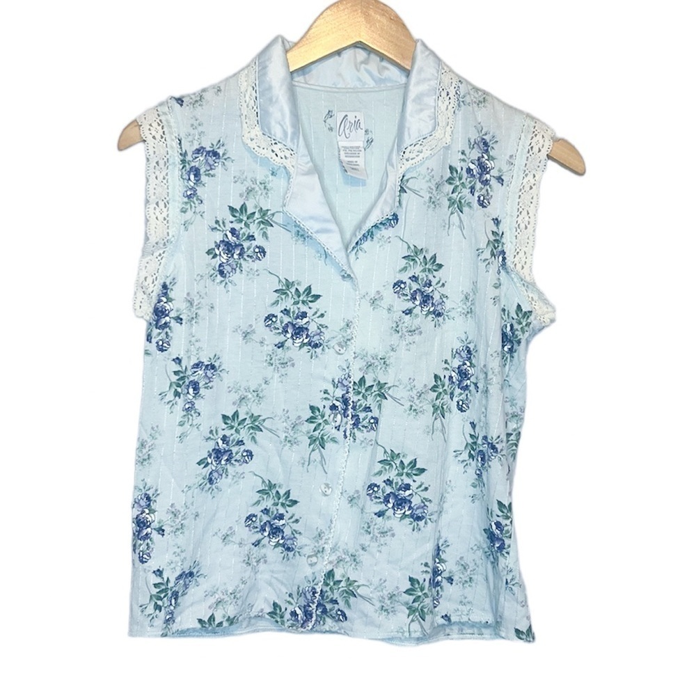 Y2K Aria Cottagecore Grandma Style Floral Lace Cap Sleeve Button Down Blouse S